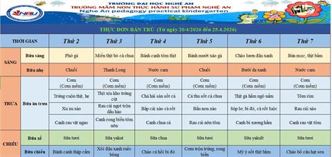 Thực đơn bán trú từ ngày 20/4/2026 đến ngày 25/4/2026